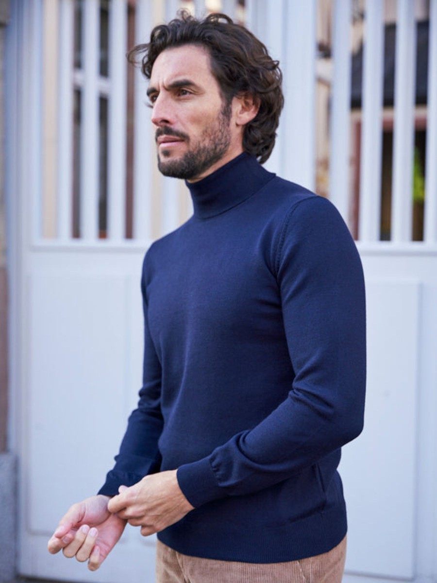 Vetements Monsieur Mimosa Pulls & Sweats | Pull Col Roule En Laine Henry Bleu Marine